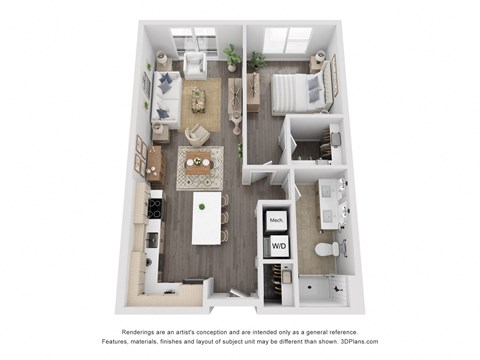 Floor plan for 1 bed, 1 bath, 796 sqft